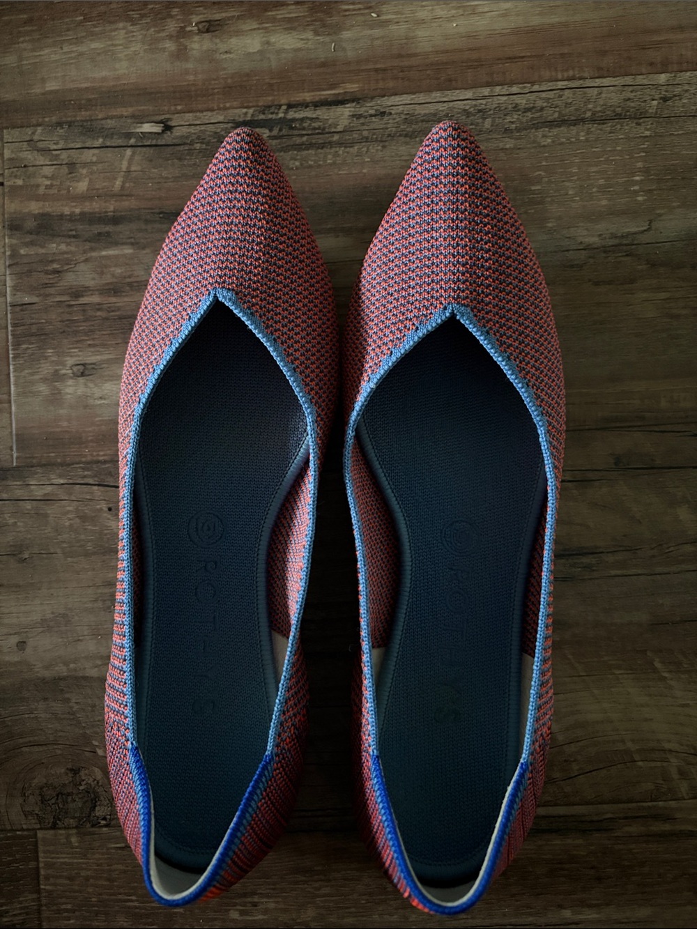Rothy's Pointed Knit Flats in Coral and Blue Trim - Picture 3 of 5
